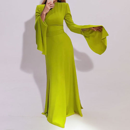 Cross-border European and American women's clothing 2025 New Year new temperament elegant solid color semi-high neck ruffled sleeve dress dress