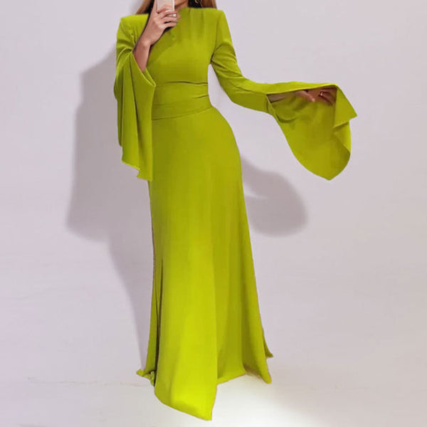 Cross-border European and American women's clothing 2025 New Year new temperament elegant solid color semi-high neck ruffled sleeve dress dress