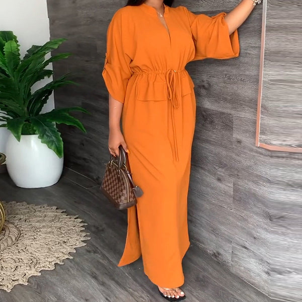 2026 New Amazon European and American Clothing Temperament V-neck solid color lace-up waist loose casual casual plus size dress