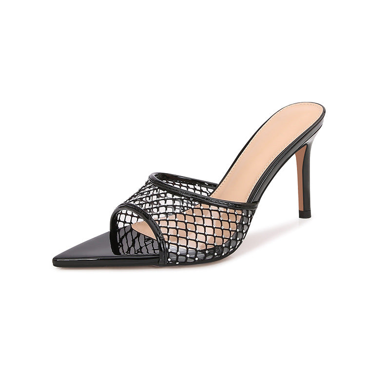 Women's high-end fashion black grid rhinestone heel slippers thin heels pointed open toe high heels do not tire the feet