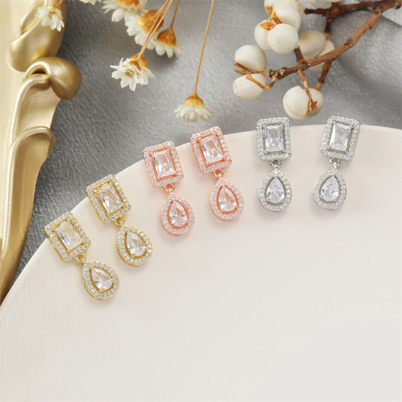 RAKOL European and American classic vintage light luxury geometric square earrings for women, exquisite and exquisite micro-inlaid waterdrop zircon earrings