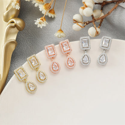RAKOL European and American classic vintage light luxury geometric square earrings for women, exquisite and exquisite micro-inlaid waterdrop zircon earrings