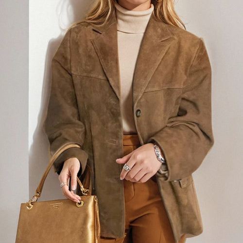 Primavera 2026: Novo Blazer Transfronteiriço em Camurça com Bolsos e Lapela com Botões, Estilo Europeu e Americano.