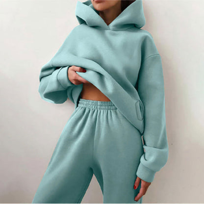 2026 New Cross-border European and American Fashion Casual Sports Style Solid Color Thickened Hooded Sweatshirt Fashion Suit Women