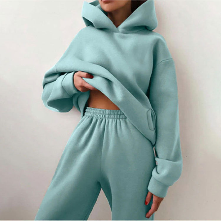 2026 New Cross-border European and American Fashion Casual Sports Style Solid Color Thickened Hooded Sweatshirt Fashion Suit Women
