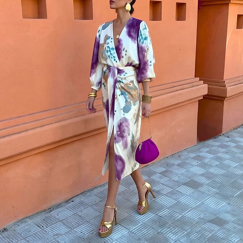 2026 spring new cross-border European and beautiful clothing temperament print chic V-neck long-sleeved mid-length skirt two-piece set for women