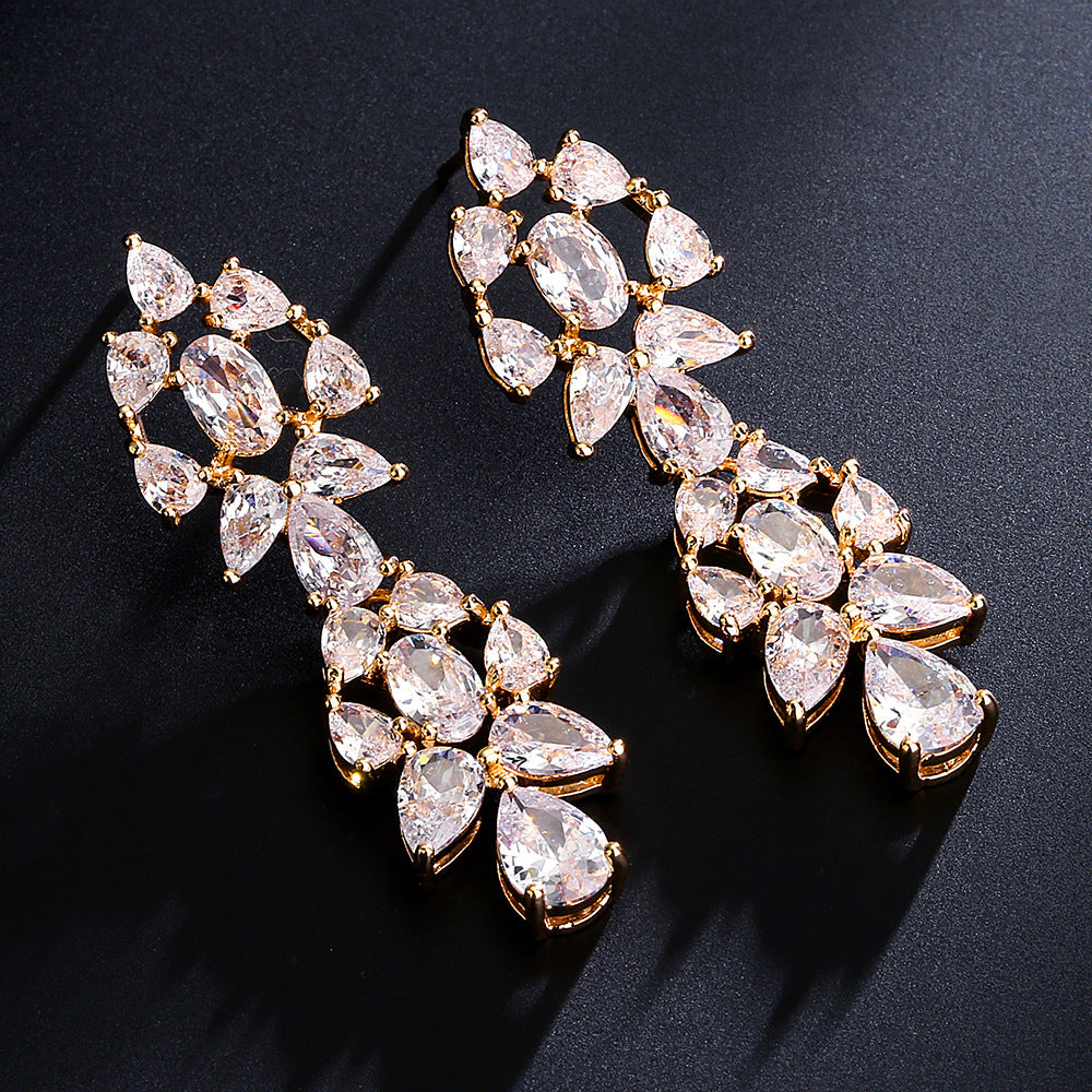 Foreign trade new waterdrop zircon stud earrings long tassel earrings, three-color full diamond earrings, niche design for women