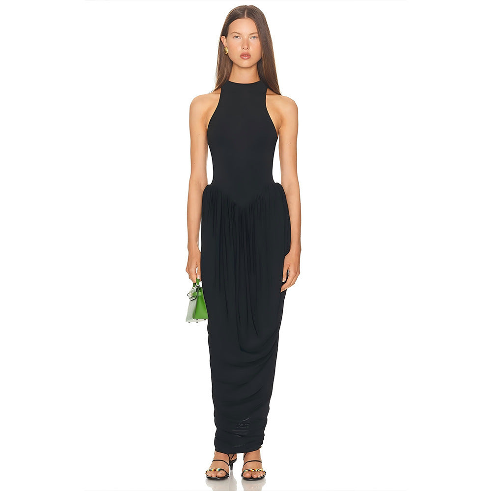 Cross-border wholesale European and American women's clothing new temperament solid color crew neck sleeveless slim slit pleated dress for women