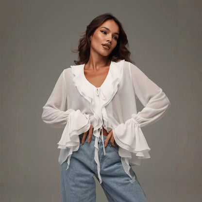 2025 Spring New Cross-border European and American Women's Wear Temperament Solid Color V-Neck Flare Long Sleeve Ruffle Loose Shirt Women