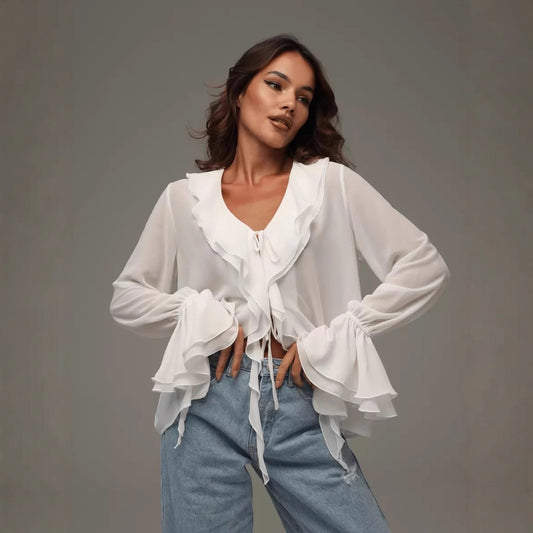 2025 Spring New Cross-border European and American Women's Wear Temperament Solid Color V-Neck Flare Long Sleeve Ruffle Loose Shirt Women