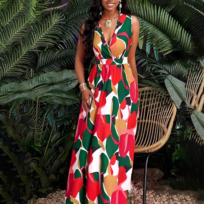 Amazon 2025 European and American spring new women's clothing cross-border hot sale fashion temperament print waist slim dress