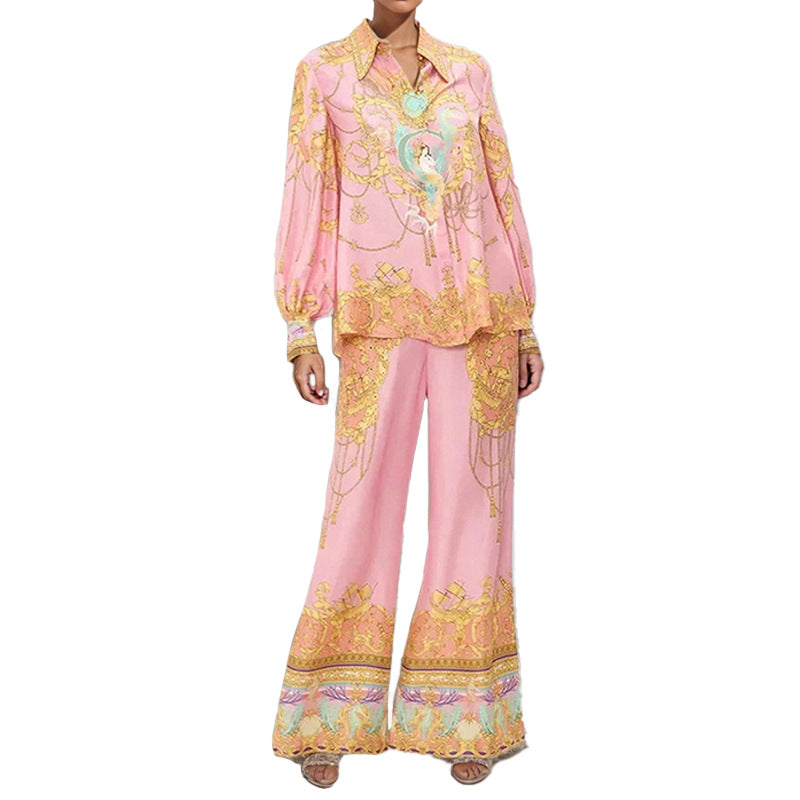 Cross-border spring 2026 Amazon European and American clothing long sleeve pink printed shirt trousers casual fashion suit women