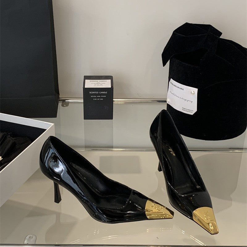 Spring 2026 European and American fashion thin heel pointed toe microfiber lining metal trim summer breathable super high heel women's single shoes