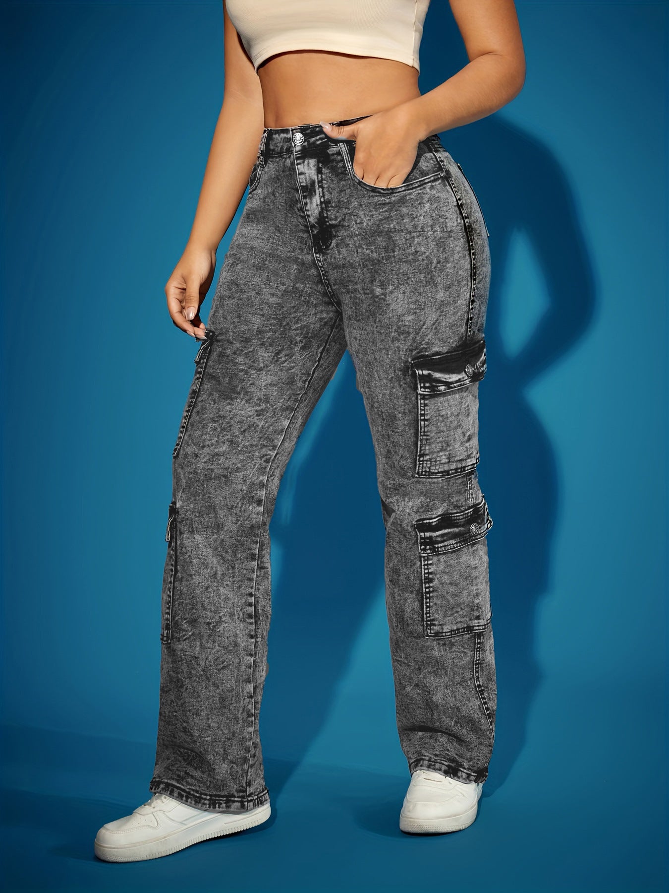 European and American cross-border women's fashion high-elastic multi-pocket cargo pants cross-border denim trousers Amazon popular jeans