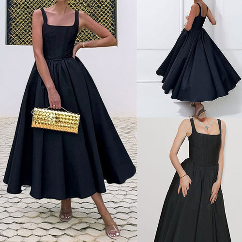 Comércio externo 2026: vestuário feminino europeu e elegante em estilo literário, com blusa ombro a ombro, sem mangas e corte evasé. Vestido europeu e americano.