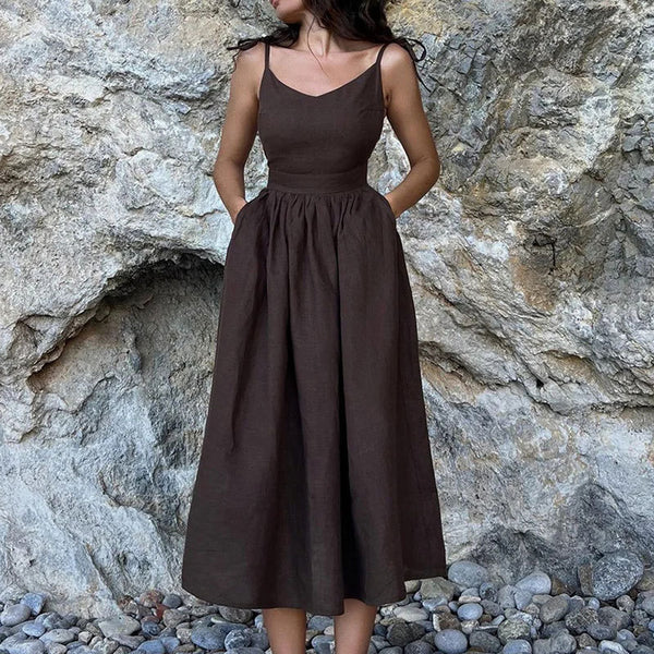 2026 Spring New Cross-border Women's Temperament Elegant V-Neck Suspender Sleeveless Sexy Open Back Solid Color Dress