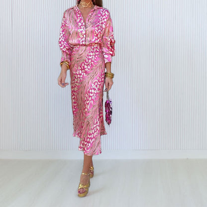 European and American Summer Cross-border New Elegant Printed Lapel Long Sleeve Shirt High Waist Skirt Fashion Set for Summer 2025