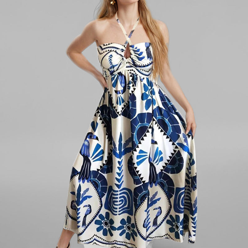 2026 spring new independent station European and beautiful clothing temperament elegant printed hollow large swing halterneck strap dress