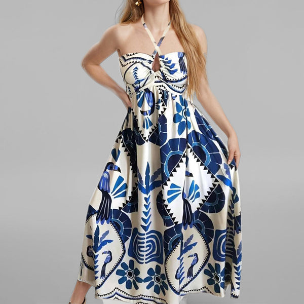 2026 spring new independent station European and beautiful clothing temperament elegant printed hollow large swing halterneck strap dress