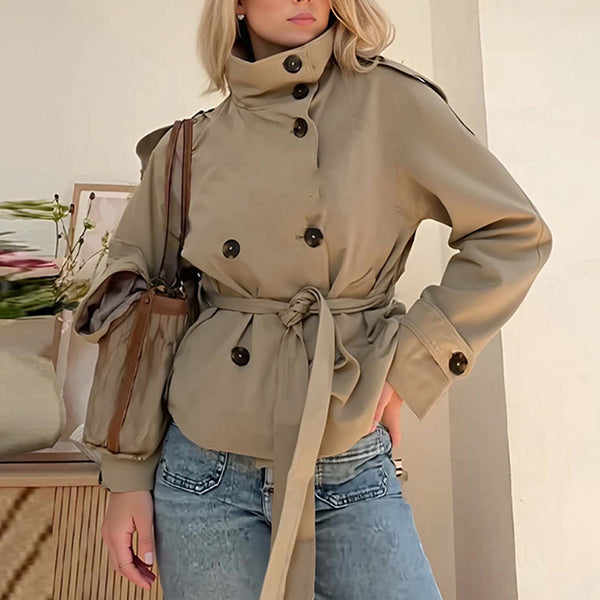 2026 spring new European and American cross-border design solid color versatile double-breasted waist tie-up cropped trench coat jacket | Ciaura