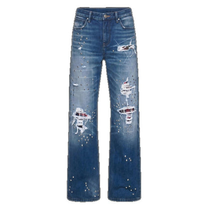 American-style heavy-duty studded jeans for men and women, summer high street design ripped pants, vintage washed straight-leg pants