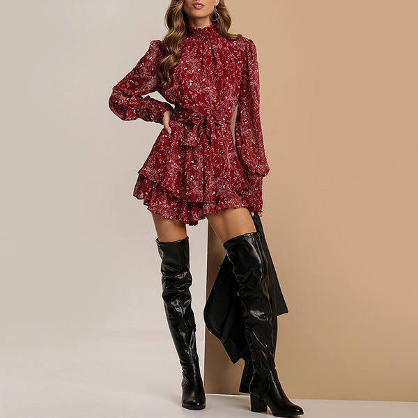 2026 Spring New European and American Cross-border Women's Fashion Temperament Floral Cinched Waist Lace-up Pleated Ruffle Dress