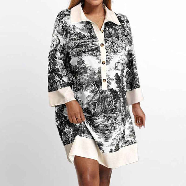 Cross-border, Europe and the United States, 2026 spring, new fashion temperament, printed national style ink, V-neck long-sleeved dress, short skirt for women