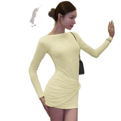 Cross-border women's autumn new French temperament long-sleeved dress fashionable solid color slim fit streamer hip skirt for women