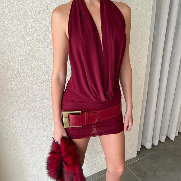 Foreign trade new European beauty clothing sexy deep V halterneck open backpack buttocks short skirt spliced mesh skirt set for women - view 2 | Ciaura