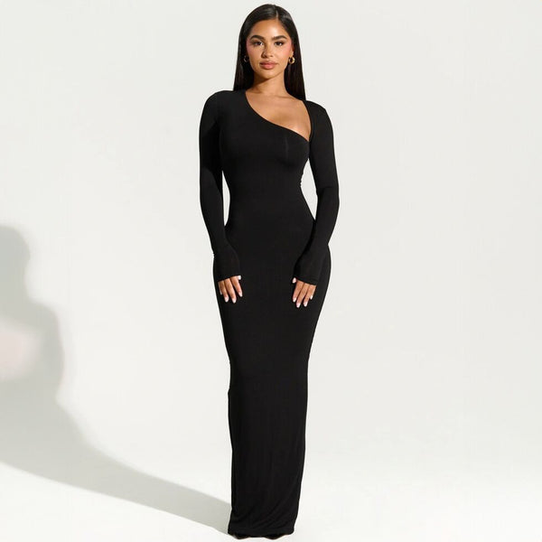 Amazon cross-border foreign trade 2023 autumn new European and American women's long-sleeved slanted collar trim slit fashion dress