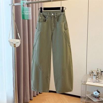 Khaki, American military green, design with large pockets, scimitar jeans, women's floor-length wide-leg trousers, extended mid-pants