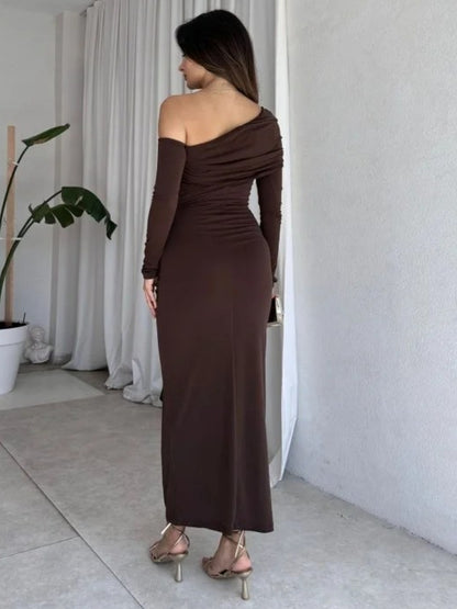 Cross-border autumn new European and American clothing temperament solid color diagonal collar one shoulder long sleeve waist streamer hip wrap dress for women