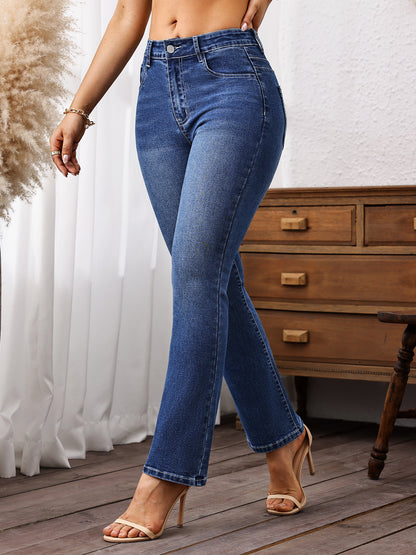 High-waisted embroidered jeans, rich denim blue, tummy control, hips lifting, European-American style high-waisted slightly flared embroidery