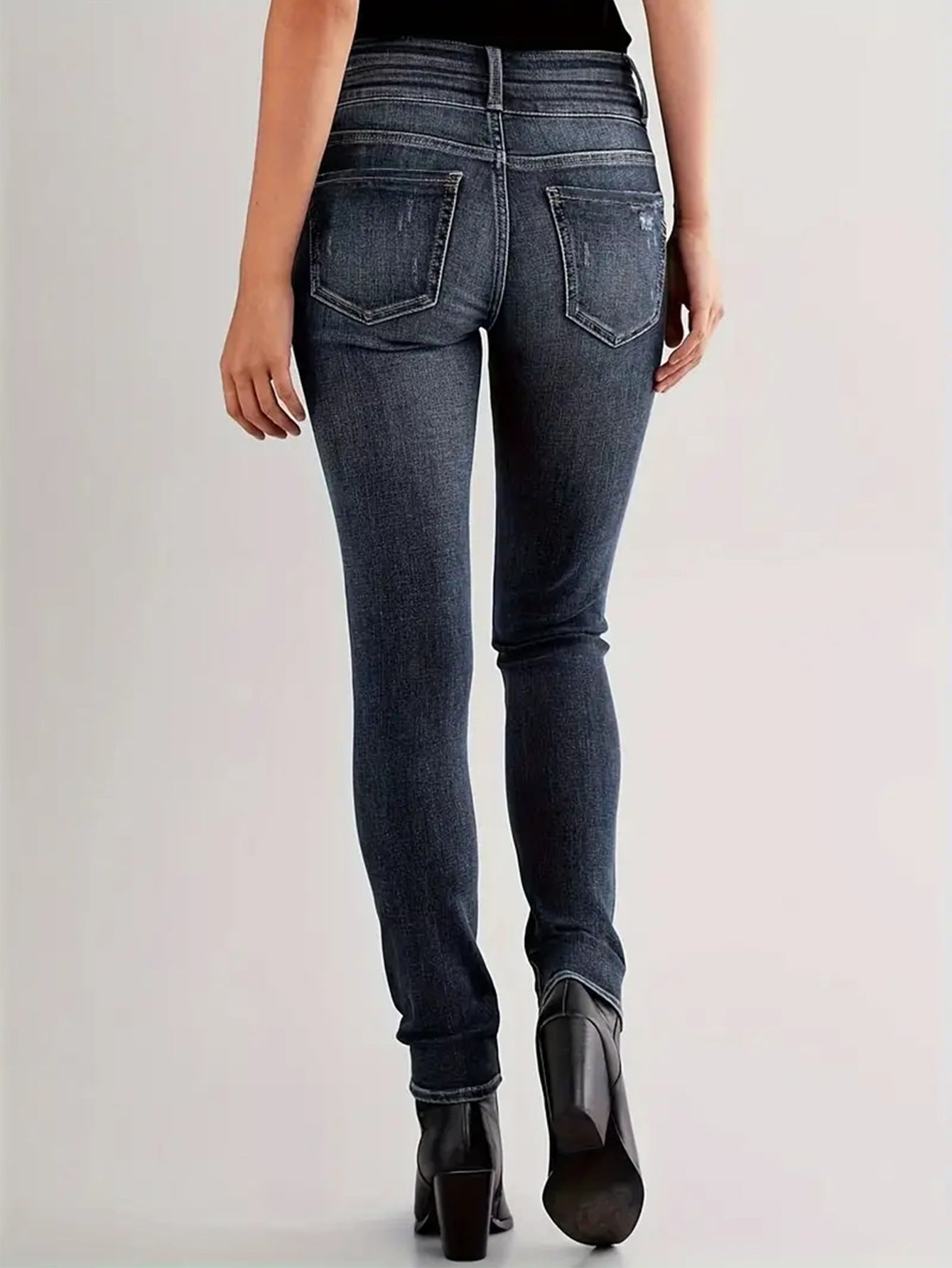 Women's jeans vintage stretch slimming small legged pants are fashionable and versatile, with double button design and dark blue denim trousers