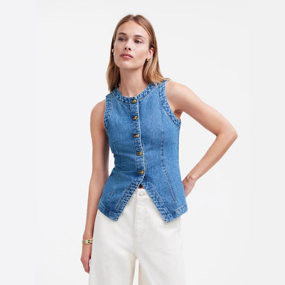 2025 summer new European and American cross-border foreign trade sleeveless slim slim denim vest women's crew neck shoulder vest