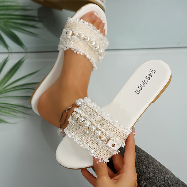 Cross-border women's shoes, new fashion slippers, pearl buckles, versatile, solid color, metal decorations, round toe flat sandals