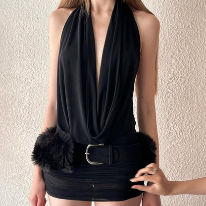 Foreign trade new European beauty clothing sexy deep V halterneck open backpack buttocks short skirt spliced mesh skirt set for women