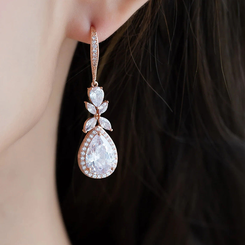 RAKOL European and American Popular Petal Waterdrop AAA Zirconia Earrings for Women, Elegant Versatile Bridal Earrings, In-Stock Wholesale