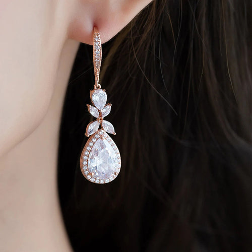 RAKOL European and American Popular Petal Waterdrop AAA Zirconia Earrings for Women, Elegant Versatile Bridal Earrings, In-Stock Wholesale