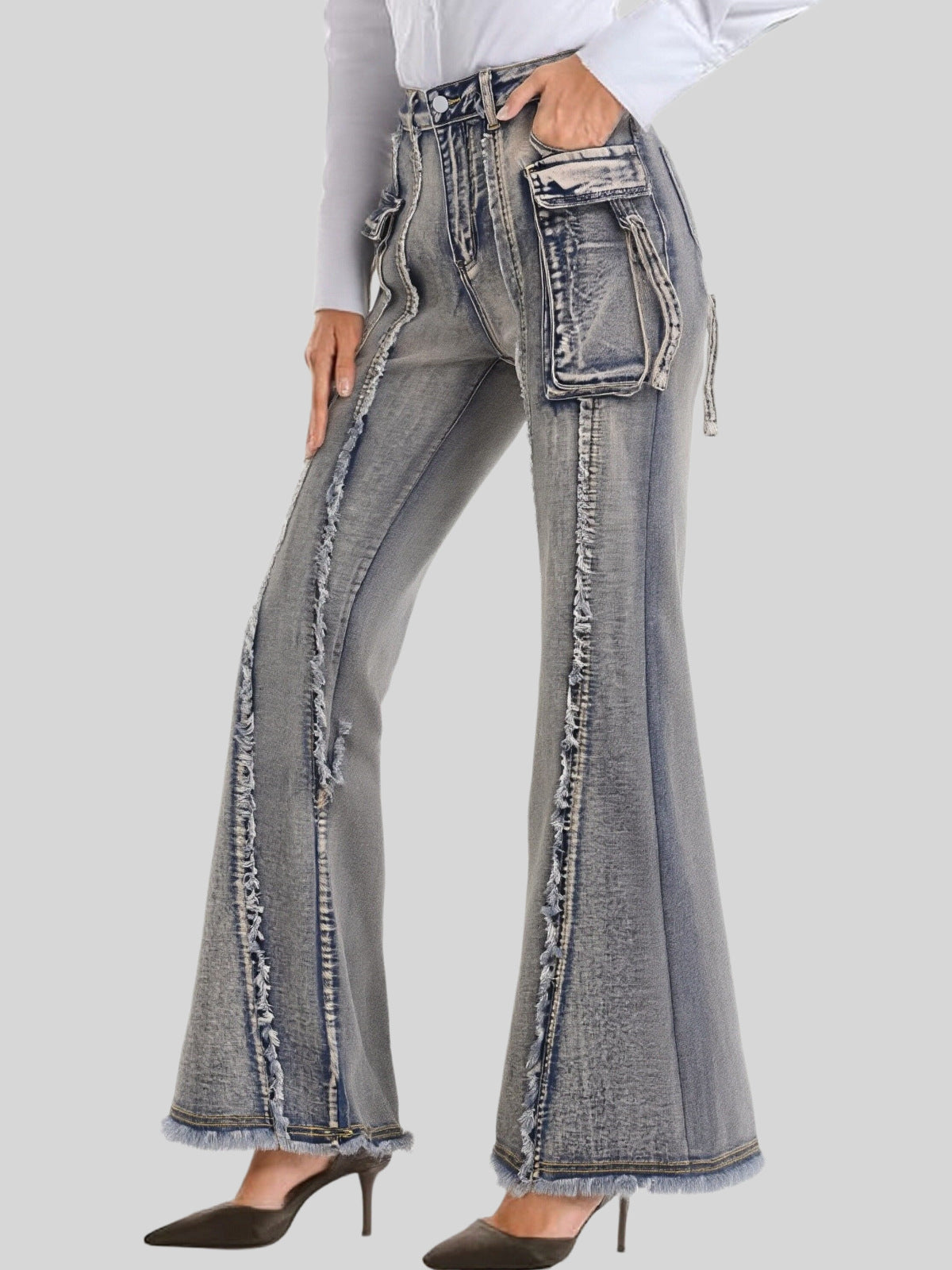 Street Trend Brand Wasteland Style Workwear Jeans, 3D Pocket Frayed Slightly Flared Wide-Leg Pants Women Jeans