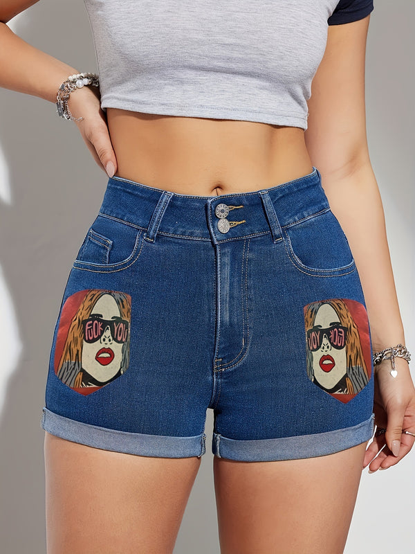 Summer new European and American street trendy brand high-waisted slim denim mid-high stretch color printed shorts for women