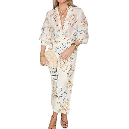 Amazon Spring 2025 European and American New Women's Temperament Fashion Printed Shirt Long Sleeve Slit Skirt Loose Suit