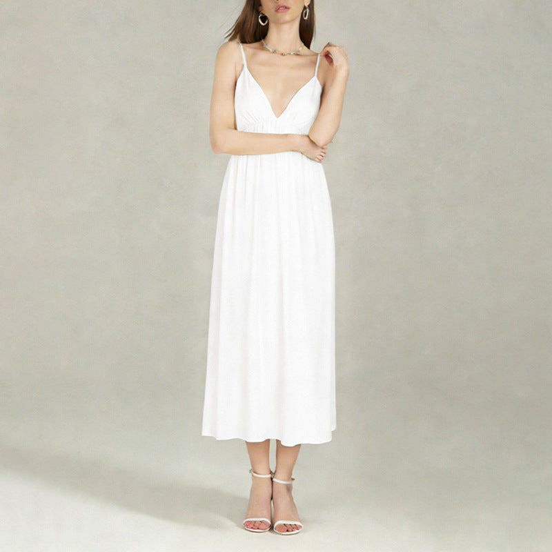 2025 New ArrivalAmazon Autumn European and American Women's Fashion Sexy Open Back Versatile Solid Color V-Neck Slip Dress