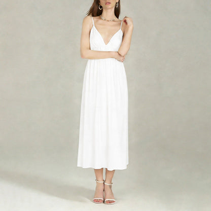 2025 New ArrivalAmazon Autumn European and American Women's Fashion Sexy Open Back Versatile Solid Color V-Neck Slip Dress