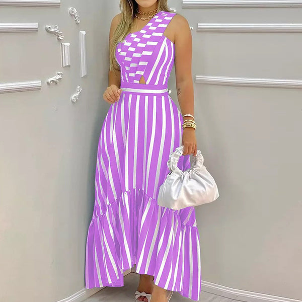 Amazon Summer Autumn 2025 New Slanted Shoulder Print Striped Sexy Cutout Personalized Design Dress Women 661