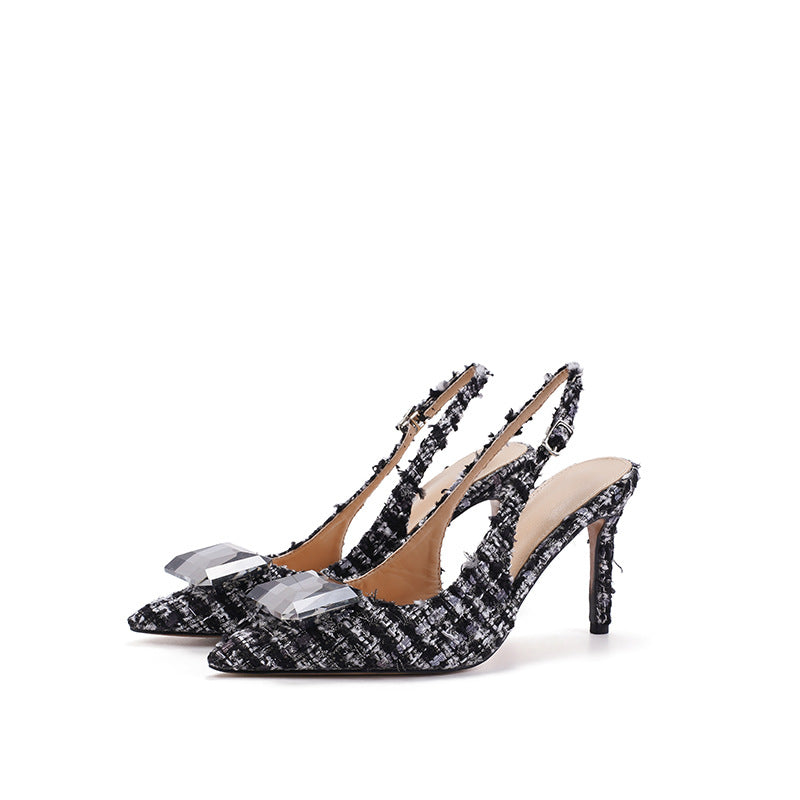 Spring 2026 new temperament toe-wrapped back hollow sandals pointed toe rhinestone thin heel fashion women's shoes woolen lining spring spring