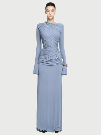 Foreign trade autumn and winter new European and beautiful clothing simple solid color crew neck long sleeve pleated slim temperament knitted dress for women