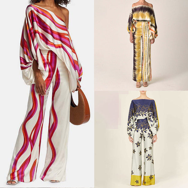 Amazon 2025 New European and American Clothing Loose Bat Sleeve Top Women's Wide-leg Pants Fashion Suit Women's Two-Piece Suit