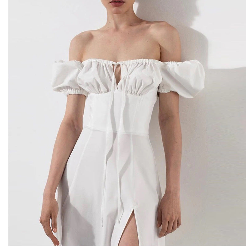 2025 Cross Border Europe and America Spring Summer French Long Skirt Amazon Women's Commuter Puff Sleeve Lace-up Slit Dress Women