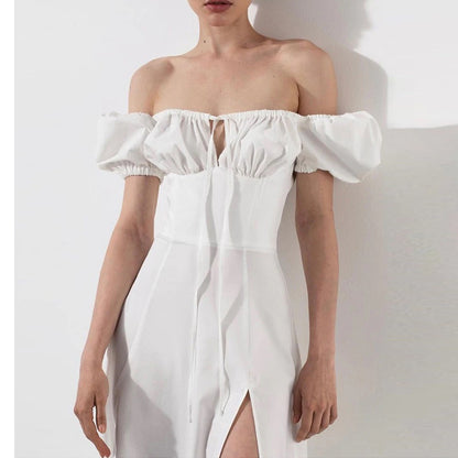 2025 Cross Border Europe and America Spring Summer French Long Skirt Amazon Women's Commuter Puff Sleeve Lace-up Slit Dress Women